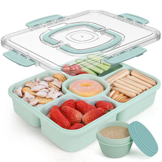5-Compartment Large Portion Snackle Box Container with Sauce Container, Veggie Fruit Divided Serving Tray (Green)