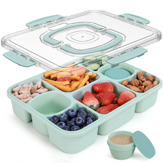 8-Compartment Snackle Box Container, Built-in 2 Sauce Containers (Green)