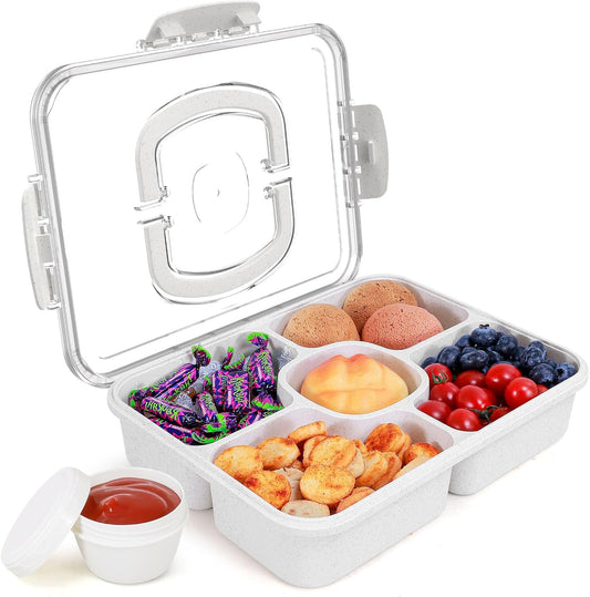 Large Compartment Snackle Box Container, 5-Compartment Veggie Fruit Divided Serving Tray with Sauce Container